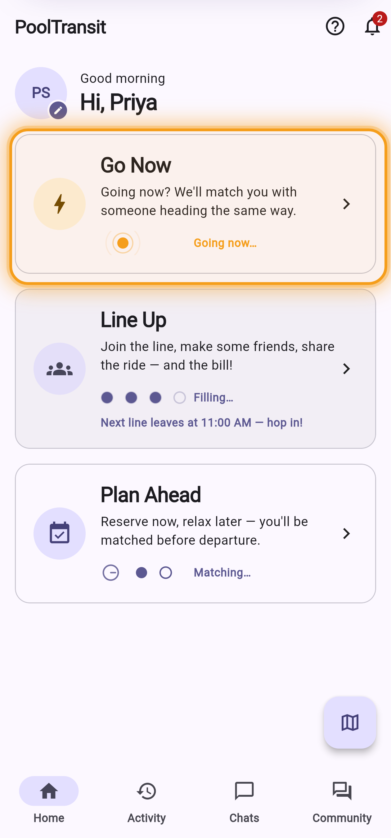 Home screen with the Go Now card highlighted
