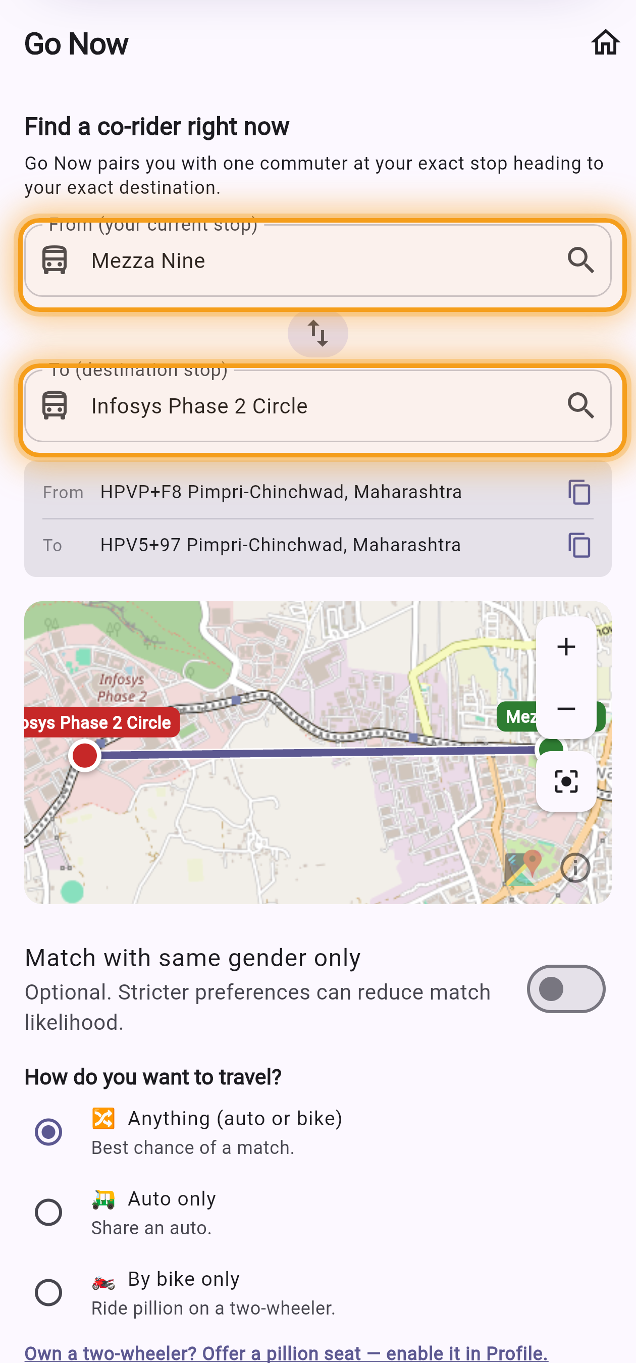 Pickup and destination stops selected