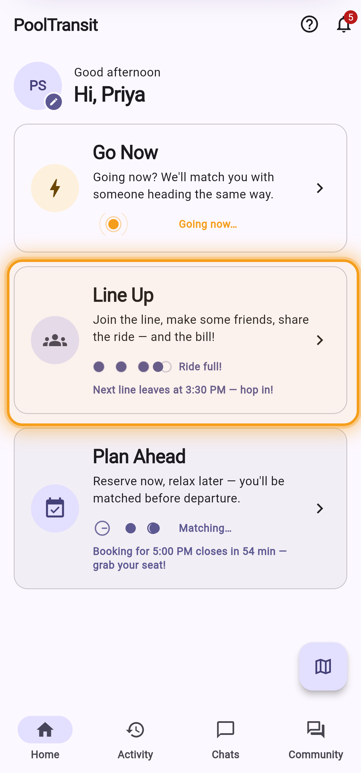 Home screen with the Line Up card highlighted