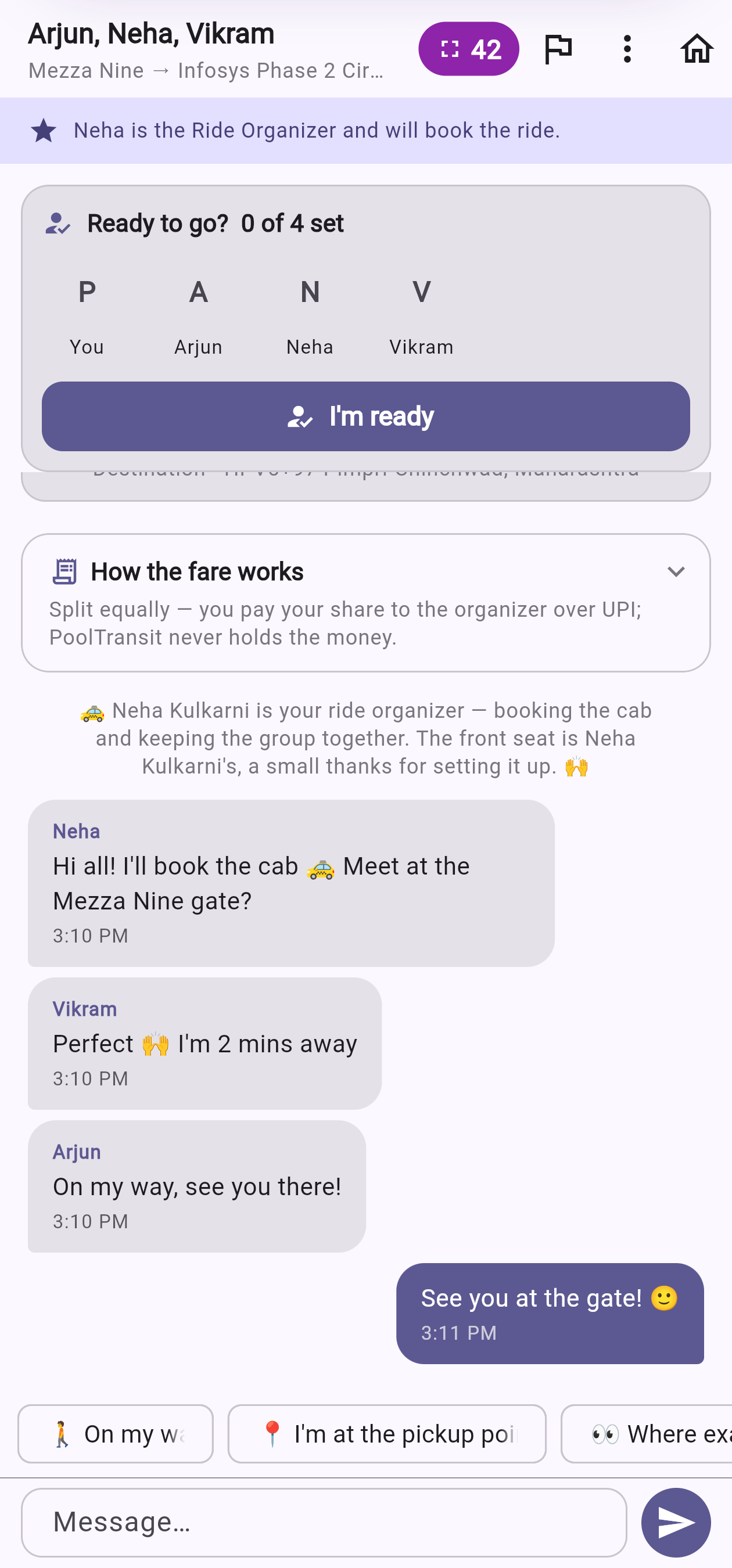 The Line Up group chat with the ready panel, fare note and messages between the four riders