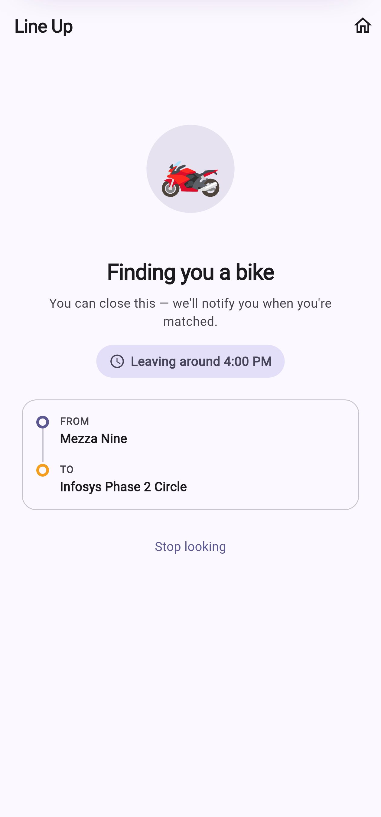Waiting for a bike, showing 'Leaving around 4:00 PM' — the shared departure time