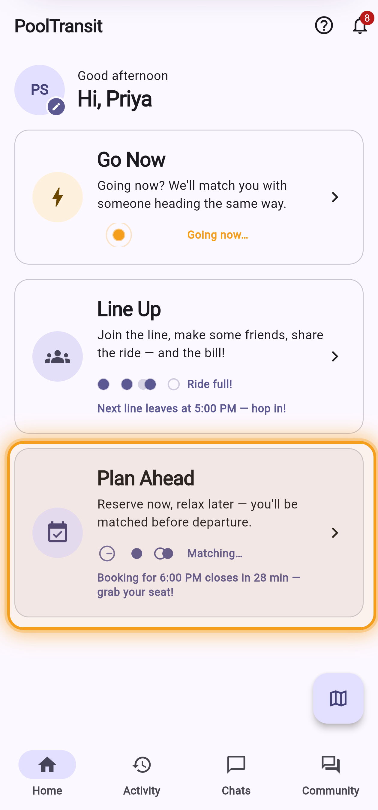 Home screen with the Plan Ahead card highlighted