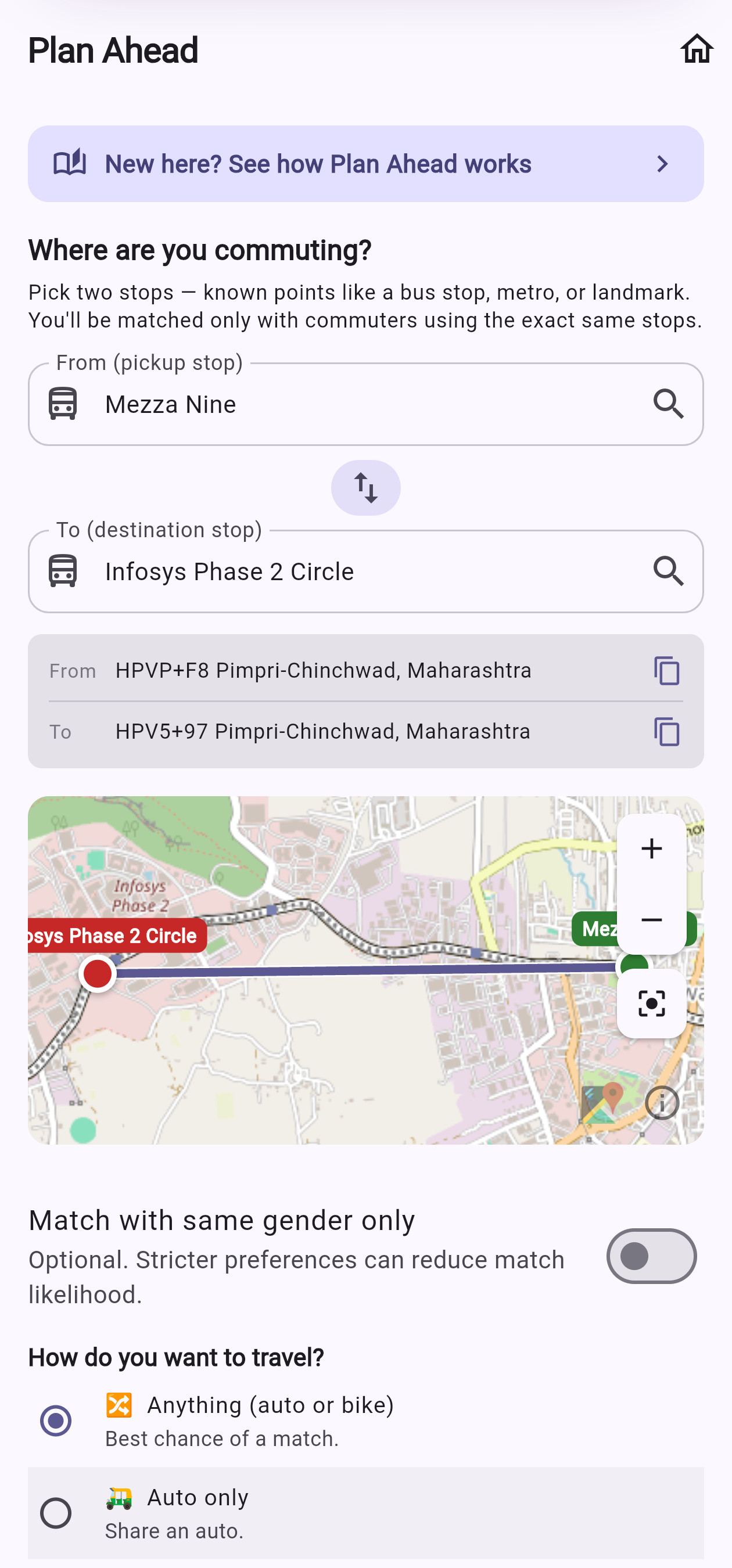 Plan Ahead route form: pick your two stops