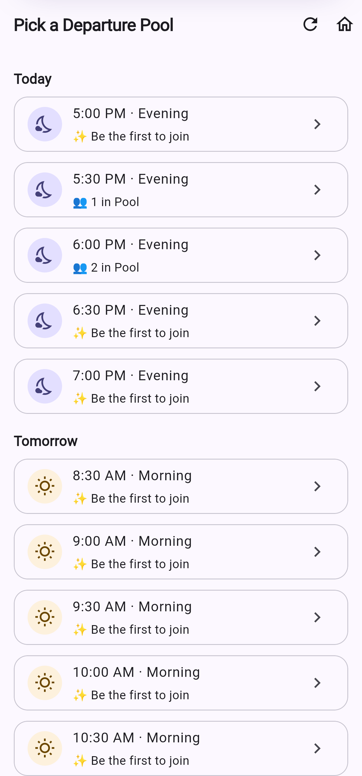A list of departure times grouped by Today and Tomorrow, some showing a participant count