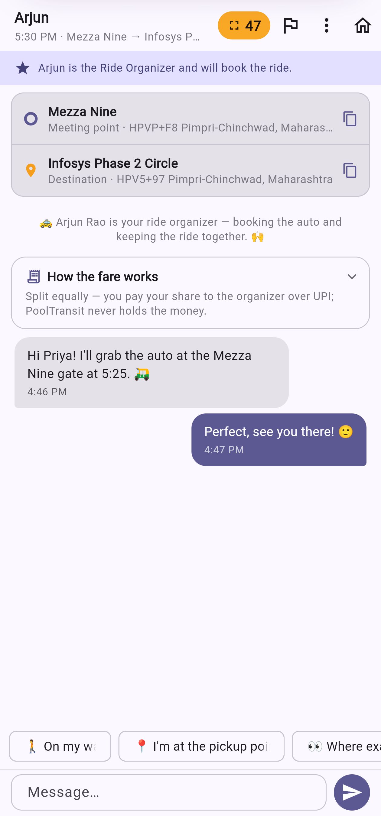 The ride chat with the organiser note, fare-split note and messages
