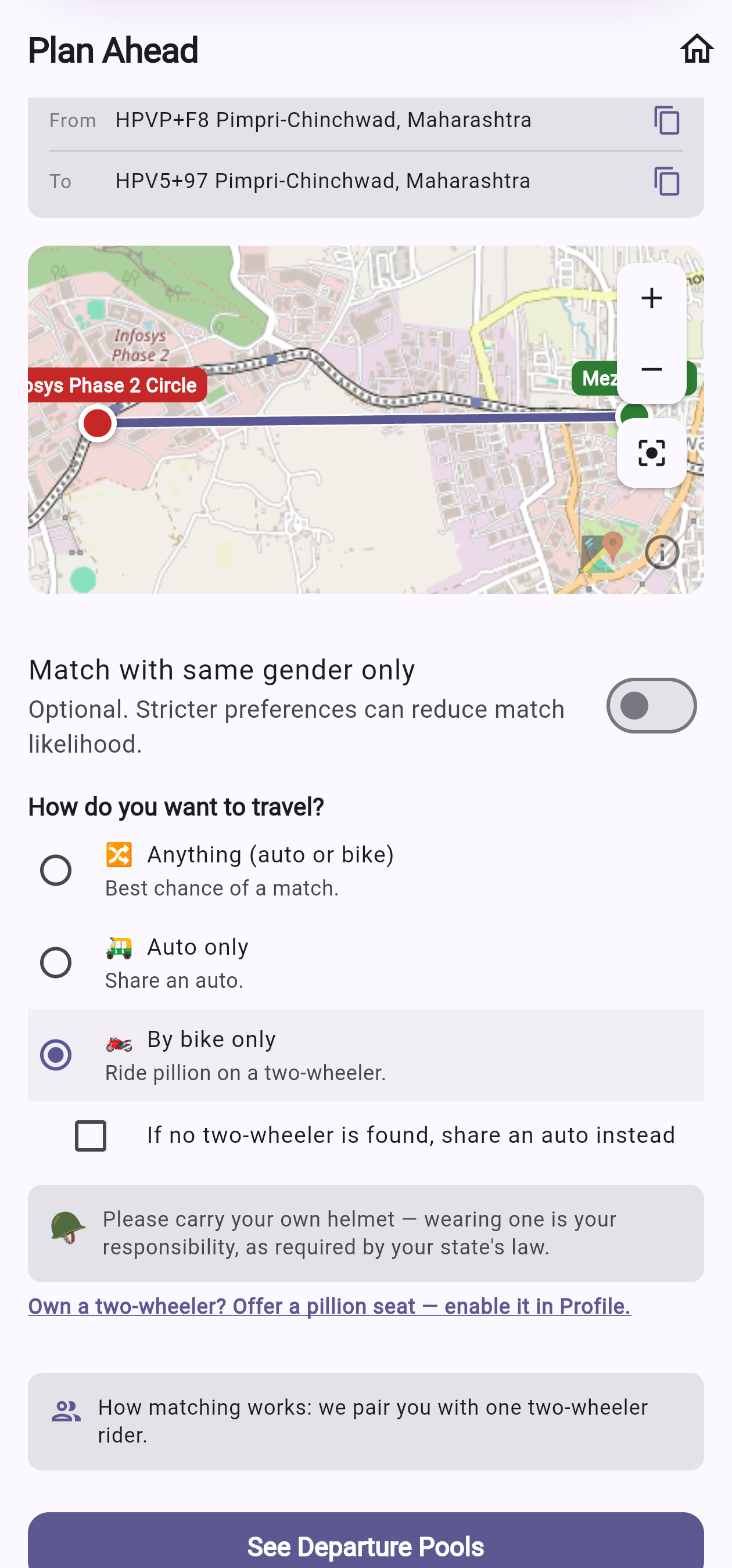 Route form with 'By bike only' selected and the 'else share an auto' fallback tick