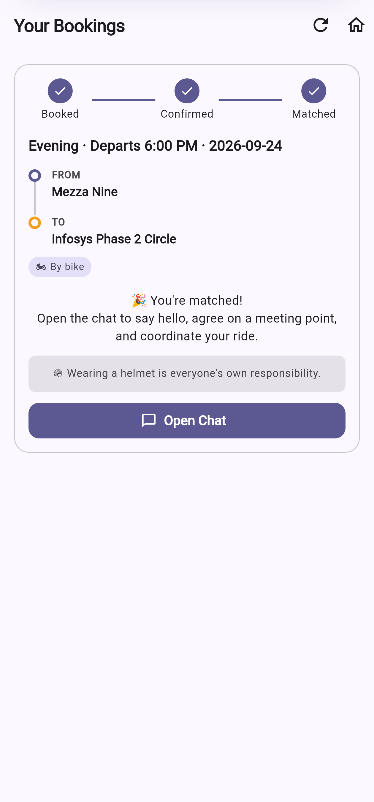 Booked-by-bike matched card with a helmet reminder